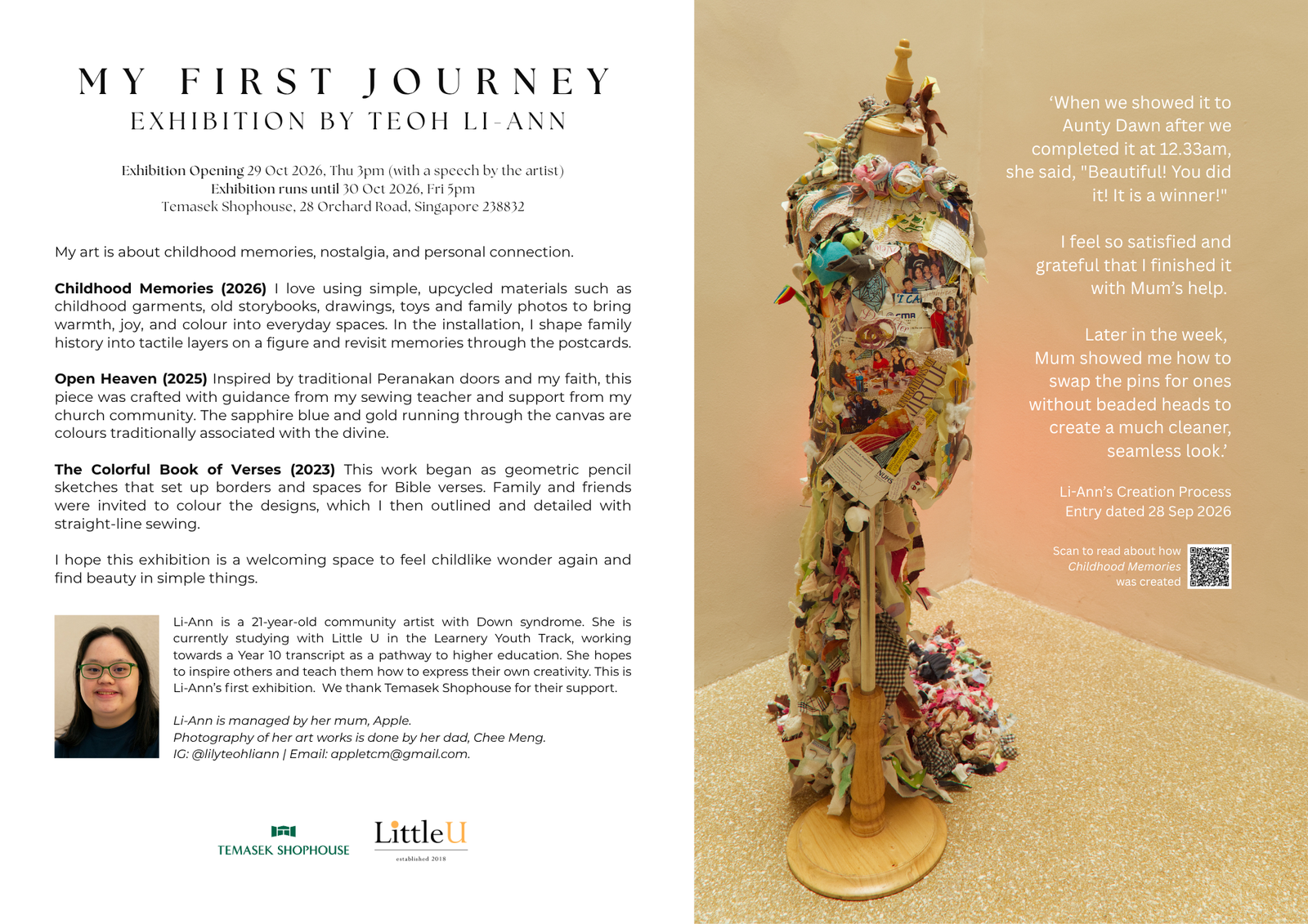 A wooden mannequin covered in layers of childhood fabric scraps, family photos and storybook pages, standing in a warm sand-coloured corner. Li-Ann shares how the piece was finished with her mum's help.